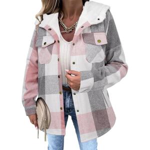 Zeagoo Womens Plaid Shacket Jacket Long Sleeve Fleece Hooded Jackets Fall Winter Warm Coat S-2XL(Light Pink Plaid)