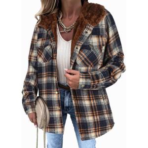 Zeagoo Womens Plaid Shacket Jacket Long Sleeve Fleece Hooded Jackets Fall Winter Warm Coat S-2XL(Navy Blue)