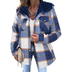 Zeagoo Womens Plaid Shacket Jacket Long Sleeve Fleece Hooded Jackets Fall Winter Warm Coat S-2XL(Navy Blue Plaid)