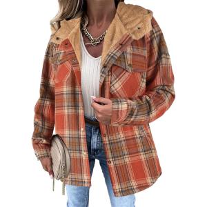 Zeagoo Womens Plaid Shacket Jacket Long Sleeve Fleece Hooded Jackets Fall Winter Warm Coat S-2XL(Orange)