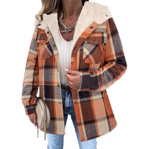 Zeagoo Womens Plaid Shacket Jacket Long Sleeve Fleece Hooded Jackets Fall Winter Warm Coat S-2XL(Orange Plaid)