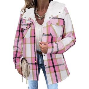 Zeagoo Womens Plaid Shacket Jacket Long Sleeve Fleece Hooded Jackets Fall Winter Warm Coat S-2XL(Pink Plaid)