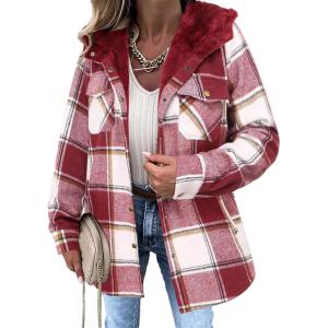 Zeagoo Womens Plaid Shacket Jacket Long Sleeve Fleece Hooded Jackets Fall Winter Warm Coat S-2XL(Wine Red)