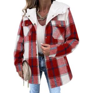 Zeagoo Womens Plaid Shacket Jacket Long Sleeve Fleece Hooded Jackets Fall Winter Warm Coat S-2XL(Wine Red Plaid)