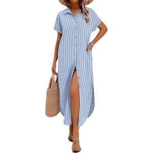 Zeagoo Womens Summer Casual Short Sleeve Button Down Long Shirt Dresses Loose Swimsuit Beach Cover Ups with Pockets(01-blue Stripe)