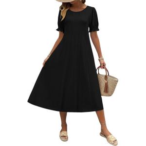 Zeagoo Womens Summer Dress Casual Midi Dresses 2026 Short Puff Sleeve Flare Dress Pleated Flowy Sundress with Pockets(A-black)
