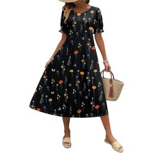 Zeagoo Womens Summer Dress Casual Midi Dresses 2026 Short Puff Sleeve Flare Dress Pleated Flowy Sundress with Pockets(Black Floral 01)