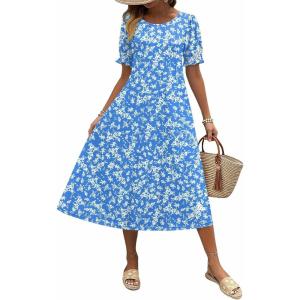Zeagoo Womens Summer Dress Casual Midi Dresses 2026 Short Puff Sleeve Flare Dress Pleated Flowy Sundress with Pockets(Blue Floral 01)