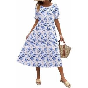 Zeagoo Womens Summer Dress Casual Midi Dresses 2026 Short Puff Sleeve Flare Dress Pleated Flowy Sundress with Pockets(Blue Floral 02)