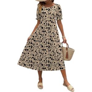 Zeagoo Womens Summer Dress Casual Midi Dresses 2026 Short Puff Sleeve Flare Dress Pleated Flowy Sundress with Pockets(Brown Floral 02)