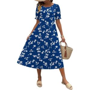 Zeagoo Womens Summer Dress Casual Midi Dresses 2026 Short Puff Sleeve Flare Dress Pleated Flowy Sundress with Pockets(Deep Blue Floral)