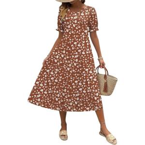 Zeagoo Womens Summer Dress Casual Midi Dresses 2026 Short Puff Sleeve Flare Dress Pleated Flowy Sundress with Pockets(Dusty Brown Printed)