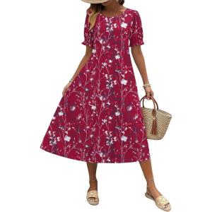 Zeagoo Womens Summer Dress Casual Midi Dresses 2026 Short Puff Sleeve Flare Dress Pleated Flowy Sundress with Pockets(Dusty Red Floral)