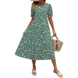 Zeagoo Womens Summer Dress Casual Midi Dresses 2026 Short Puff Sleeve Flare Dress Pleated Flowy Sundress with Pockets(Green Floral)