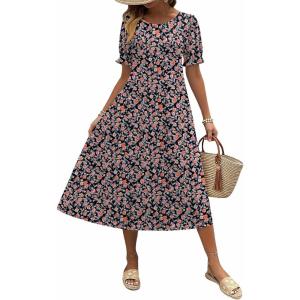 Zeagoo Womens Summer Dress Casual Midi Dresses 2026 Short Puff Sleeve Flare Dress Pleated Flowy Sundress with Pockets(Mixed Black Printed)