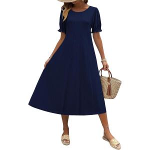 Zeagoo Womens Summer Dress Casual Midi Dresses 2026 Short Puff Sleeve Flare Dress Pleated Flowy Sundress with Pockets(Navy)