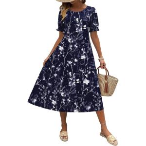 Zeagoo Womens Summer Dress Casual Midi Dresses 2026 Short Puff Sleeve Flare Dress Pleated Flowy Sundress with Pockets(Navy Floral 01)