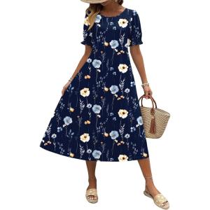 Zeagoo Womens Summer Dress Casual Midi Dresses 2026 Short Puff Sleeve Flare Dress Pleated Flowy Sundress with Pockets(Navy Floral 02)