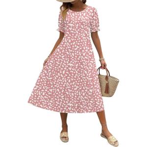 Zeagoo Womens Summer Dress Casual Midi Dresses 2026 Short Puff Sleeve Flare Dress Pleated Flowy Sundress with Pockets(Pink Dot)