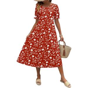 Zeagoo Womens Summer Dress Casual Midi Dresses 2026 Short Puff Sleeve Flare Dress Pleated Flowy Sundress with Pockets(Red Floral)