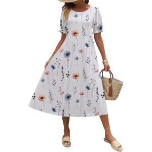 Zeagoo Womens Summer Dress Casual Midi Dresses 2026 Short Puff Sleeve Flare Dress Pleated Flowy Sundress with Pockets(White Floral 01)
