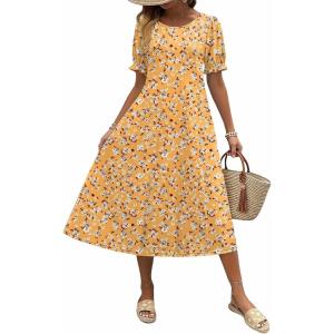 Zeagoo Womens Summer Dress Casual Midi Dresses 2026 Short Puff Sleeve Flare Dress Pleated Flowy Sundress with Pockets(Yellow Floral)