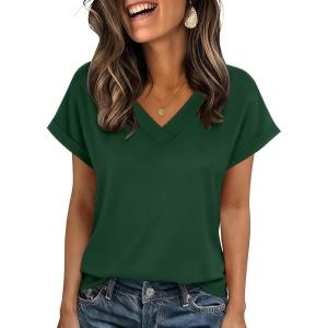 Zeagoo Womens Summer Tops Rolled Short Sleeve V Neck Shirts Casual Dressy Business Work Blouses Outfits(1-green)