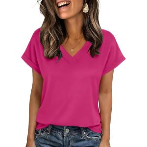 Zeagoo Womens Summer Tops Rolled Short Sleeve V Neck Shirts Casual Dressy Business Work Blouses Outfits(1-hot Pink)