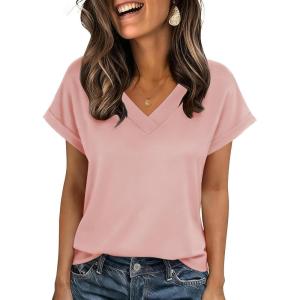 Zeagoo Womens Summer Tops Rolled Short Sleeve V Neck Shirts Casual Dressy Business Work Blouses Outfits(1-pink)
