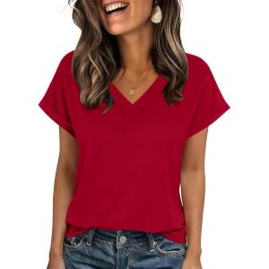 Zeagoo Womens Summer Tops Rolled Short Sleeve V Neck Shirts Casual Dressy Business Work Blouses Outfits(1-red)