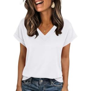 Zeagoo Womens Summer Tops Rolled Short Sleeve V Neck Shirts Casual Dressy Business Work Blouses Outfits(1-white)