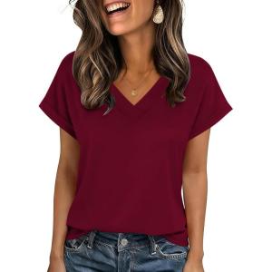 Zeagoo Womens Summer Tops Rolled Short Sleeve V Neck Shirts Casual Dressy Business Work Blouses Outfits(1-wine Red-2)