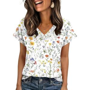 Zeagoo Womens Summer Tops Rolled Short Sleeve V Neck Shirts Casual Dressy Business Work Blouses Outfits(Beige Flower-xh403)