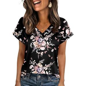Zeagoo Womens Summer Tops Rolled Short Sleeve V Neck Shirts Casual Dressy Business Work Blouses Outfits(Black Flower-bf332)
