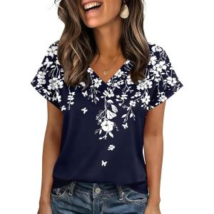 Zeagoo Womens Summer Tops Rolled Short Sleeve V Neck Shirts Casual Dressy Business Work Blouses Outfits(Blue Flower-sf103)