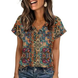 Zeagoo Womens Summer Tops Rolled Short Sleeve V Neck Shirts Casual Dressy Business Work Blouses Outfits(Boho-mz721)