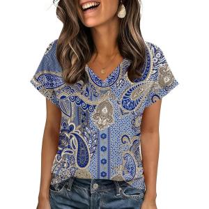 Zeagoo Womens Summer Tops Rolled Short Sleeve V Neck Shirts Casual Dressy Business Work Blouses Outfits(Boho-mz919)