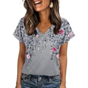 Zeagoo Womens Summer Tops Rolled Short Sleeve V Neck Shirts Casual Dressy Business Work Blouses Outfits(Grey Flower-hf36)