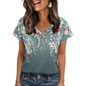 Zeagoo Womens Summer Tops Rolled Short Sleeve V Neck Shirts Casual Dressy Business Work Blouses Outfits(Grey Flower-wf71)