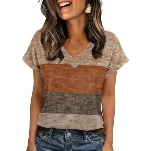 Zeagoo Womens Summer Tops Rolled Short Sleeve V Neck Shirts Casual Dressy Business Work Blouses Outfits(Khaki-jh398)
