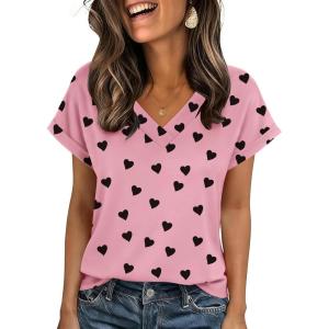 Zeagoo Womens Summer Tops Rolled Short Sleeve V Neck Shirts Casual Dressy Business Work Blouses Outfits(Pink Heart-kt100)