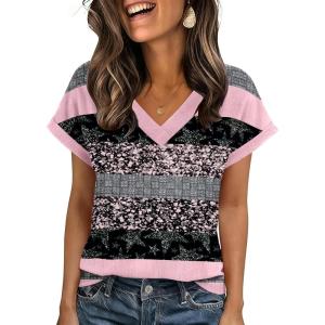 Zeagoo Womens Summer Tops Rolled Short Sleeve V Neck Shirts Casual Dressy Business Work Blouses Outfits(Pink Stripe-tz245)