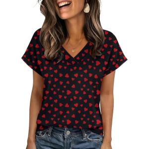 Zeagoo Womens Summer Tops Rolled Short Sleeve V Neck Shirts Casual Dressy Business Work Blouses Outfits(Red Heart-kt6)