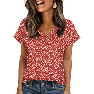 Zeagoo Womens Summer Tops Rolled Short Sleeve V Neck Shirts Casual Dressy Business Work Blouses Outfits(Red-jh590)