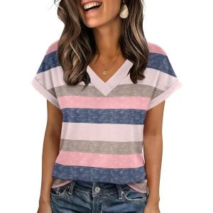 Zeagoo Womens Summer Tops Rolled Short Sleeve V Neck Shirts Casual Dressy Business Work Blouses Outfits(Striped-tw669)