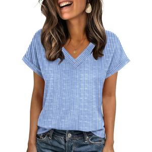 Zeagoo Womens Summer Tops Rolled Short Sleeve V Neck Shirts Casual Dressy Business Work Blouses Outfits(Stripe-tz273)