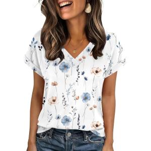 Zeagoo Womens Summer Tops Rolled Short Sleeve V Neck Shirts Casual Dressy Business Work Blouses Outfits(White Flowers-bf290)