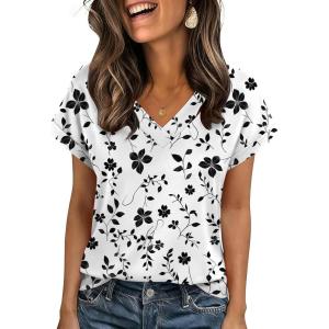 Zeagoo Womens Summer Tops Rolled Short Sleeve V Neck Shirts Casual Dressy Business Work Blouses Outfits(White Flower-sf291)