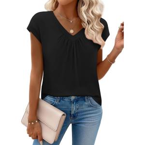 Zeagoo Womens Tops Short Sleeve V Neck Shirts Summer Dressy Casual Business Clothes Work Blouses Fashion Clothing Outfits(A01 Black)