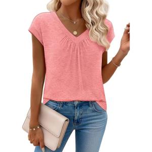 Zeagoo Womens Tops Short Sleeve V Neck Shirts Summer Dressy Casual Business Clothes Work Blouses Fashion Clothing Outfits(A01 Coral)